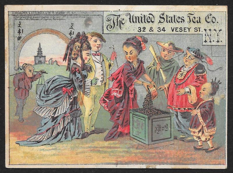 VICTORIAN TRADE CARD United States Tea Co Four Chinese Men & Woman Selling Tea