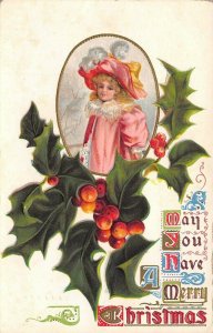 Victorian Christmas~Lil Girl in Pink Coat & Feather Hat Vignette~Holly Berry~Emb