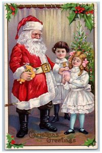 1923 Christmas Greetings Santa Claus Girls Doll Toys Holly Berries Postcard