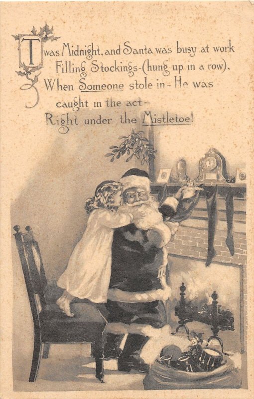 F97/ Santa Claus Christmas Postcard c1910 Child Fireplace Hug Mistletoe 6 