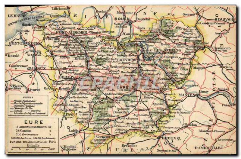 Old Postcard geographical maps Eure Evreux Rouen Lisieux Mantes
