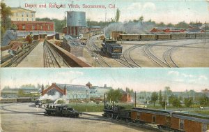 c1909 Postcard; Depot & Railroad Yards, Sacramento CA Split View, now Torn Down