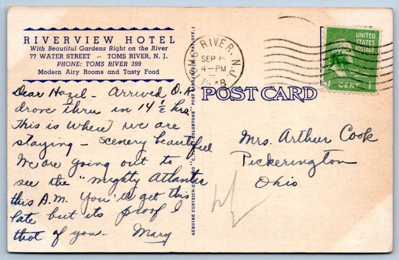 1948 TOMS RIVER NJ RIVERVIEW HOTEL RESTAURANT SAILBOAT AMERICAN FLAG POSTCARD