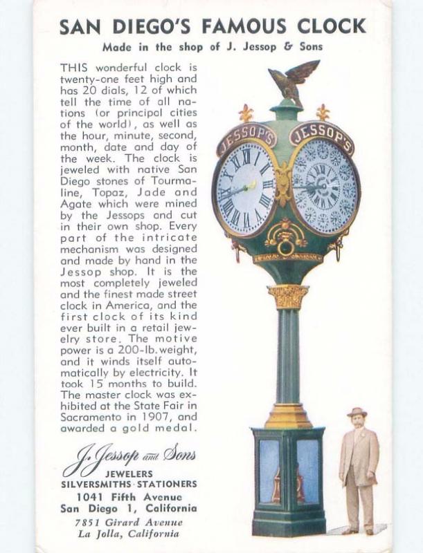 Unused Pre-1980 POSTCARD OF FAMOUS STREET CLOCK San Diego California CA E5864-12