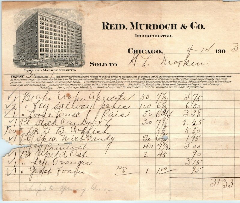 x2 1903 Chicago, Ill Letterhead Lot Reid, Murdoch & Co Receipt Invoice Cheese R1