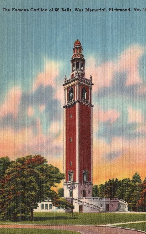 Vintage Postcard 1930's Famous Carillon 66 Bells War Memorial Richmond Virginia