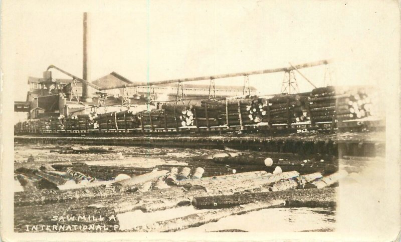 Postcard RPPC Minnesota International Falls 1920s Logging lumber Sawmill 23-2389