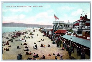 c1950 Bath House & Beach Swimming Tourists Building View Long Beach CA Postcard 