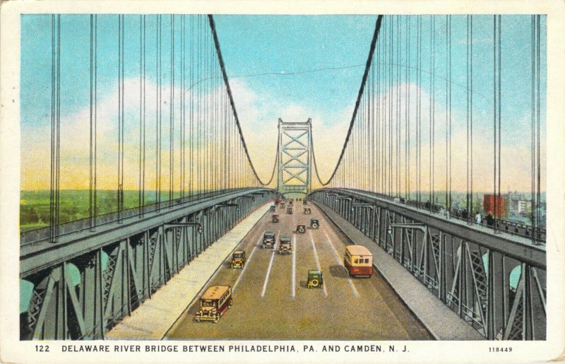 Delaware River Bridge Between Philadelphia PA & Camden NJ Old Cars Postcard