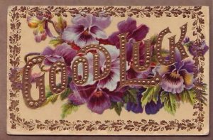 Good Luck antique postcard gold with light emboss purple flowers