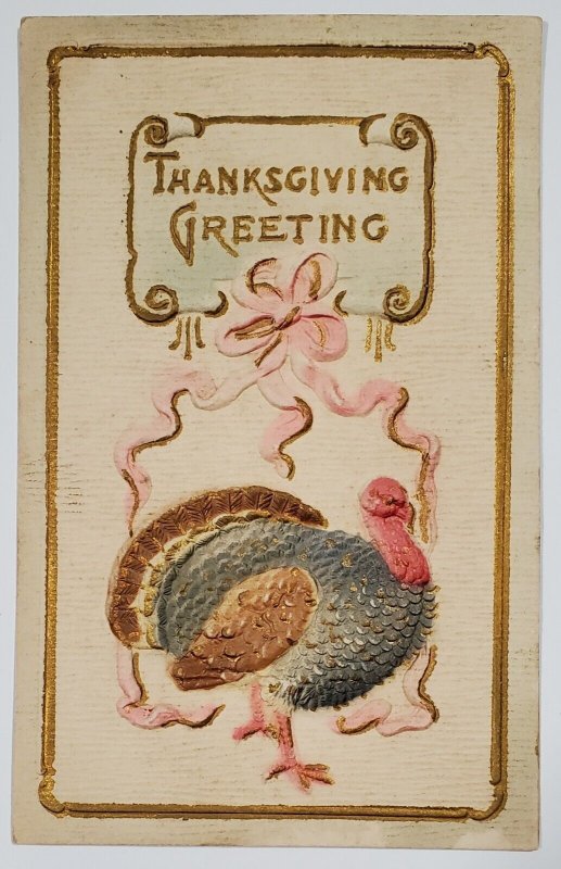 Thanksgiving Greetings Heavy Embossed Turkey 1912 Renfrow Oklahoma Postcard E30