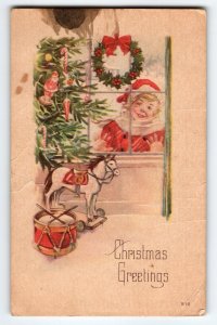 Christmas Postcard Child In Santa Claus Suit Outside Window Toys X-mas Tree