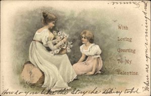 Valentine Young Girls With Flowers Romance c1910 Vintage Postcard