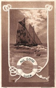 ​​Vintage Postcard 1910's All Good Luck To You Greetings Sailing Boat Navy