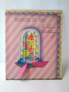 Mid Century Modern Glass Covered Roses Flowers Birthday Greeting Card Vintage