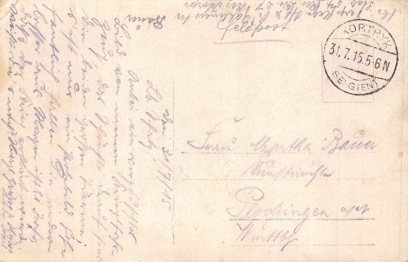 A091 Belgium 1915 WWI Feldpost Horse Cart Soldier Broel Towers Kortrijk postcard
