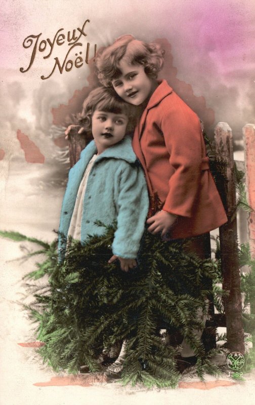 Vintage Postcard 1910's Merry Christmas Joyeux Noel Cute Little Girls Greetings