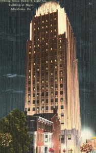 Vintage Postcard 1930s Power & Light Co Bldg. at Night Allentown Pennsylvania PA