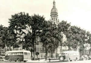 Vtg Postcard RPPC 1940s - Mower County Court House - Austin MN Street Cars Bus