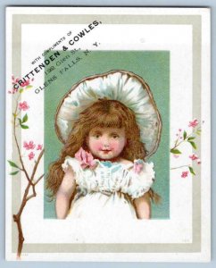 GLENS FALLS NY*CRITTENDEN & COWLES*PRETTY GIRL*FANCY HAT VICTORIAN TRADE CARD 2 