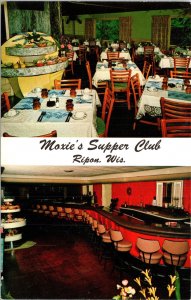 Postcard WI Ripon Moxie's Supper Club Restaurant Interior Dual View 1960s V206
