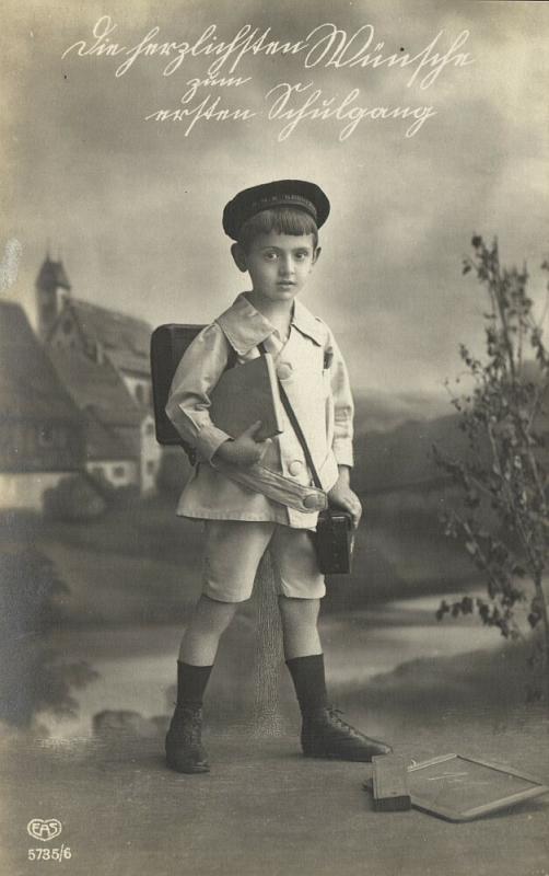 First Schoolday, Young Edwardian Boy with Books (1910s) RPPC Postcard