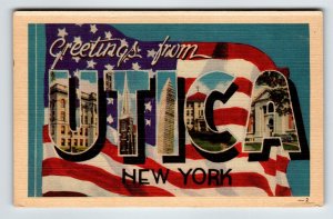 Greetings From Utica New York Large Letter Linen Postcard Dexter US Flag Unused