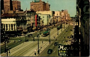 Vtg New Orleans Louisiana LA Canal Street View Trolleys Old Cars 1950s Postcard