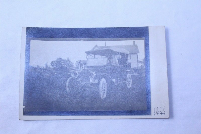 1914 Unused Photo Postcard Black & White Ford Jalopy Farmhouse Background