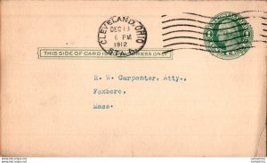 US Postal stationery 1c Cleveland Ohio 1912 to Foxboro Mass