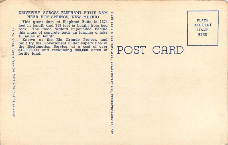 Driveway Across Elephan Butte Dam Hot Springs NM New Mexico Linen Postcard