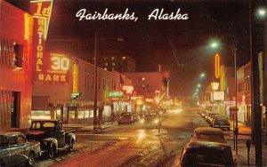 FAIRBANKS, AK Second Avenue Street Scene Night View Alaska Postcard ca 1950s