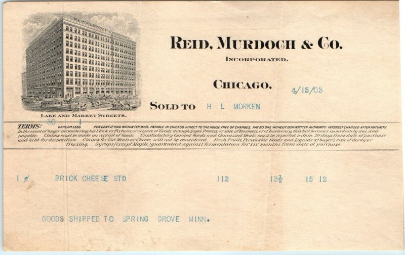 x2 1903 Chicago, Ill Letterhead Lot Reid, Murdoch & Co Receipt Invoice Cheese R1