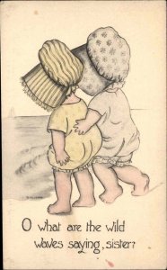 C.E. Perry Sunbonnet Girls Seaside Watching Waves c1910 Vintage Postcard