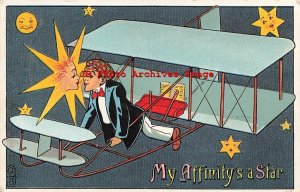 Signed GB, Unknown Pub, Man Flys Wright Bi-Plane Kissing Star Face Woman