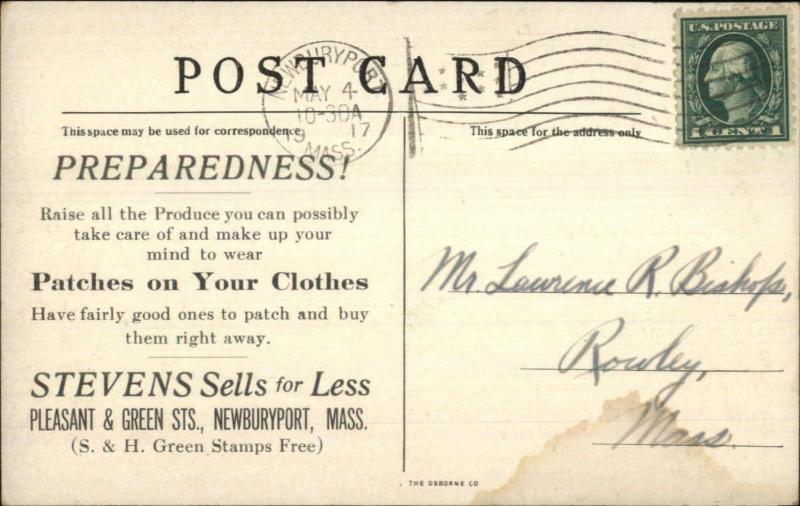 Newburyport MA Stevens Patches S&H Green Stamps Overprint Ship Postcard