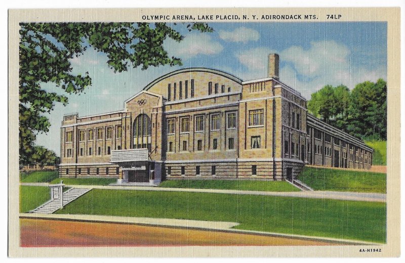 'Olympic Arena, Lake Placid, N.Y., Adirondack Mts.' unused Curteich linen PPC