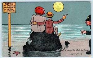 Seaside Spooners ROMANTIC COUPLE & COP Moonlight Full Moon c1910s Postcard