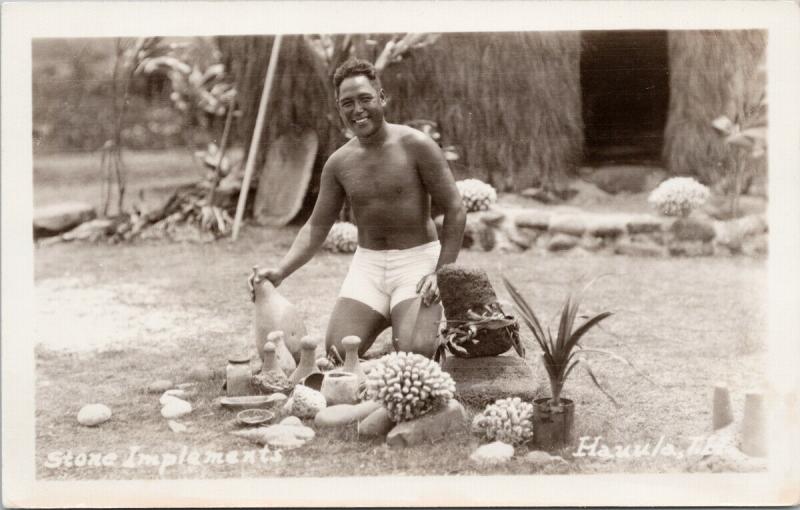 David with Stone Implements Hauula Hawaii Unused Real Photo Postcard E57