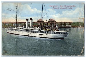 1914 Greetings from Constanta The Imperatul Trajan Ship Romania Antique Postcard