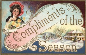 Christmas Pretty Woman House Winter Snow Gilt Embossed c1900s-20s Postcard