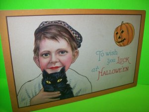 Halloween Postcard Boy Holding Black Cat 1291 C Stecher Original Antique  #4