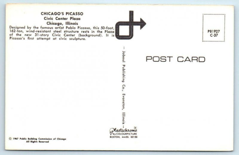 CHICAGO, IL Illinois PABLO PICASSO SCULPTURE Civic Center Plaza 1967  Postcard 