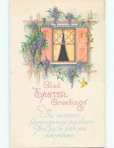 Pre-Linen easter CUTE LITTLE BIRD FLIES BY THE WINDOW k2662