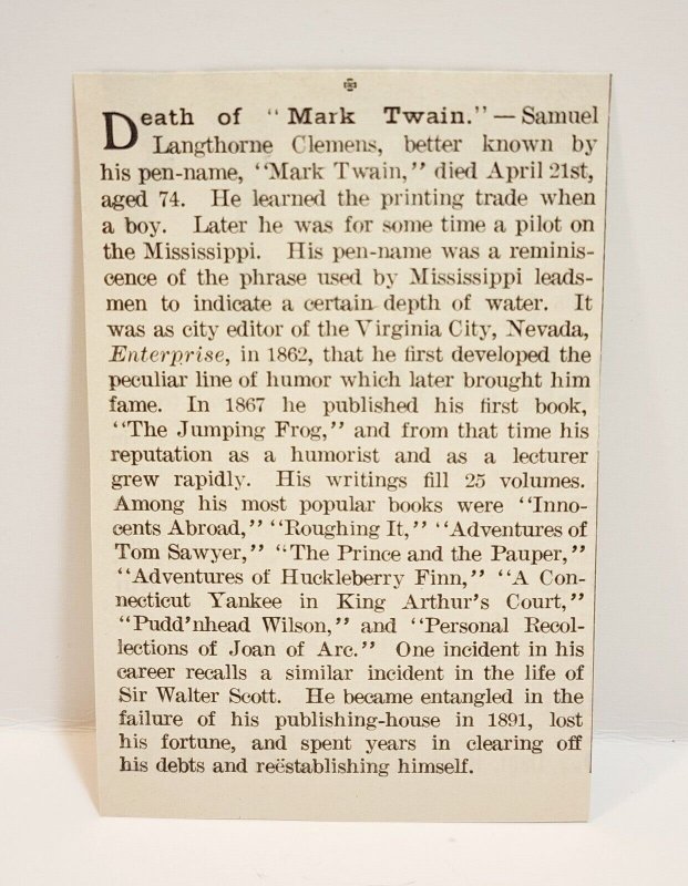 1910 Mark Twain Death Notice Obituary Samuel Clemens Ephemera News Print Ad 