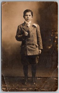 c1910 RPPC Real Photo Postcard Young Boy In Suit Holding Bible