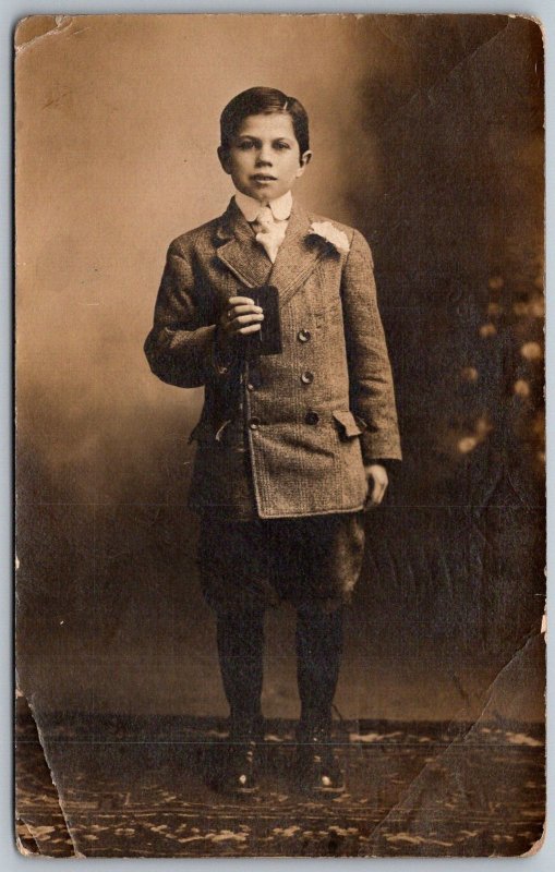 c1910 RPPC Real Photo Postcard Young Boy In Suit Holding Bible