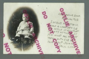 Estherville IOWA RPPC 1908 ADVERTISING Politics BABY RUNNING FOR OFFICE Attorney