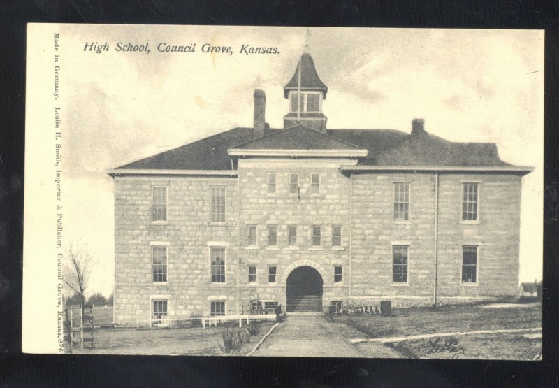 COUNCIL GROVE KANSAS HIGH SCHOOL BUILDING VINTAGE POSTCARD 1908