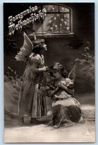 Christmas Postcard RPPC Photo Angels Cherub Winter Scene Germany c1910's Antique